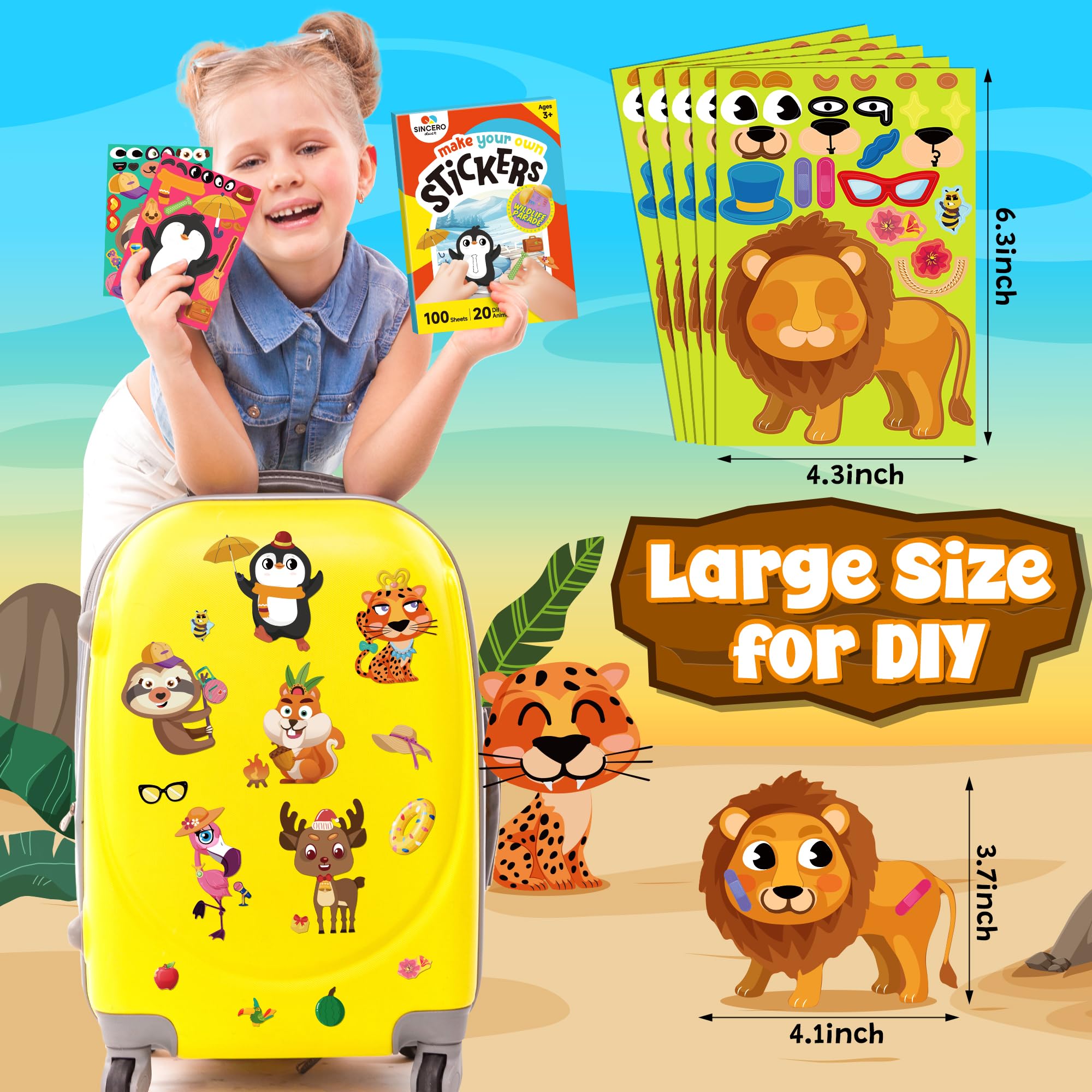 sinceroduct 100 Sheets Make a Face Stickers for Kids - 20 Animal Designs, Waterproof & Reusable DIY Stickers