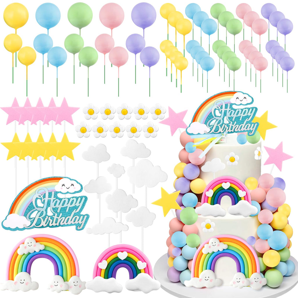 82-Piece Boho Rainbow Cake Topper Set with Flowers, Balls, and Stars – Draupnir