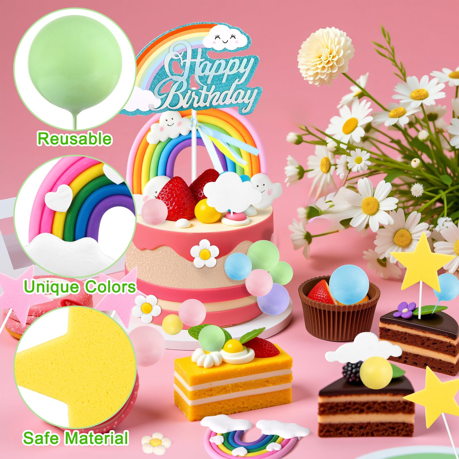 82-Piece Boho Rainbow Cake Topper Set with Flowers, Balls, and Stars – Draupnir