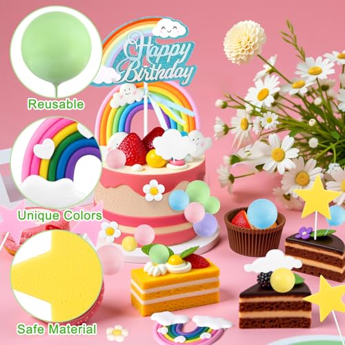 82-Piece Boho Rainbow Cake Topper Set with Flowers, Balls, and Stars – Draupnir