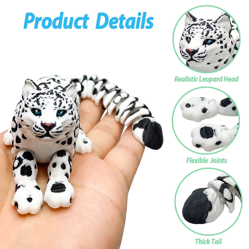 8in Articulated 3D Printed Snow Leopard – Flexible PLA Figurine for Desk Decor & Stress Relief