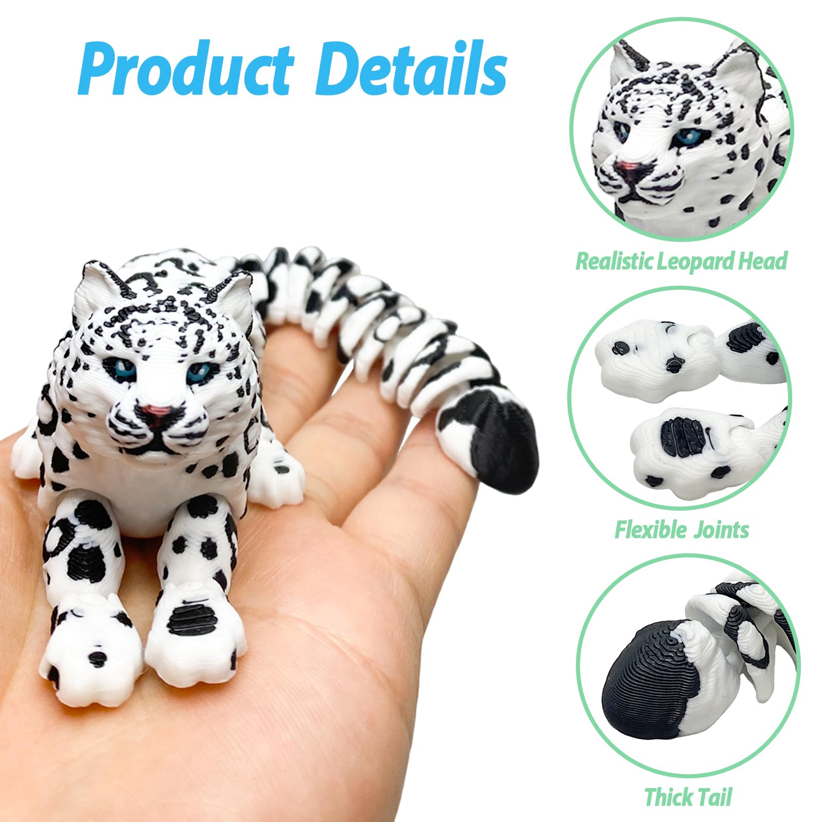8in Articulated 3D Printed Snow Leopard – Flexible PLA Figurine for Desk Decor & Stress Relief