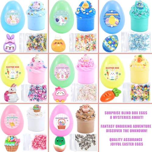8Pack Butter Slime Kit for Kids – Easter Basket Stuffers with Prefilled Eggs, Stretchy Non-Sticky Sensory Play
