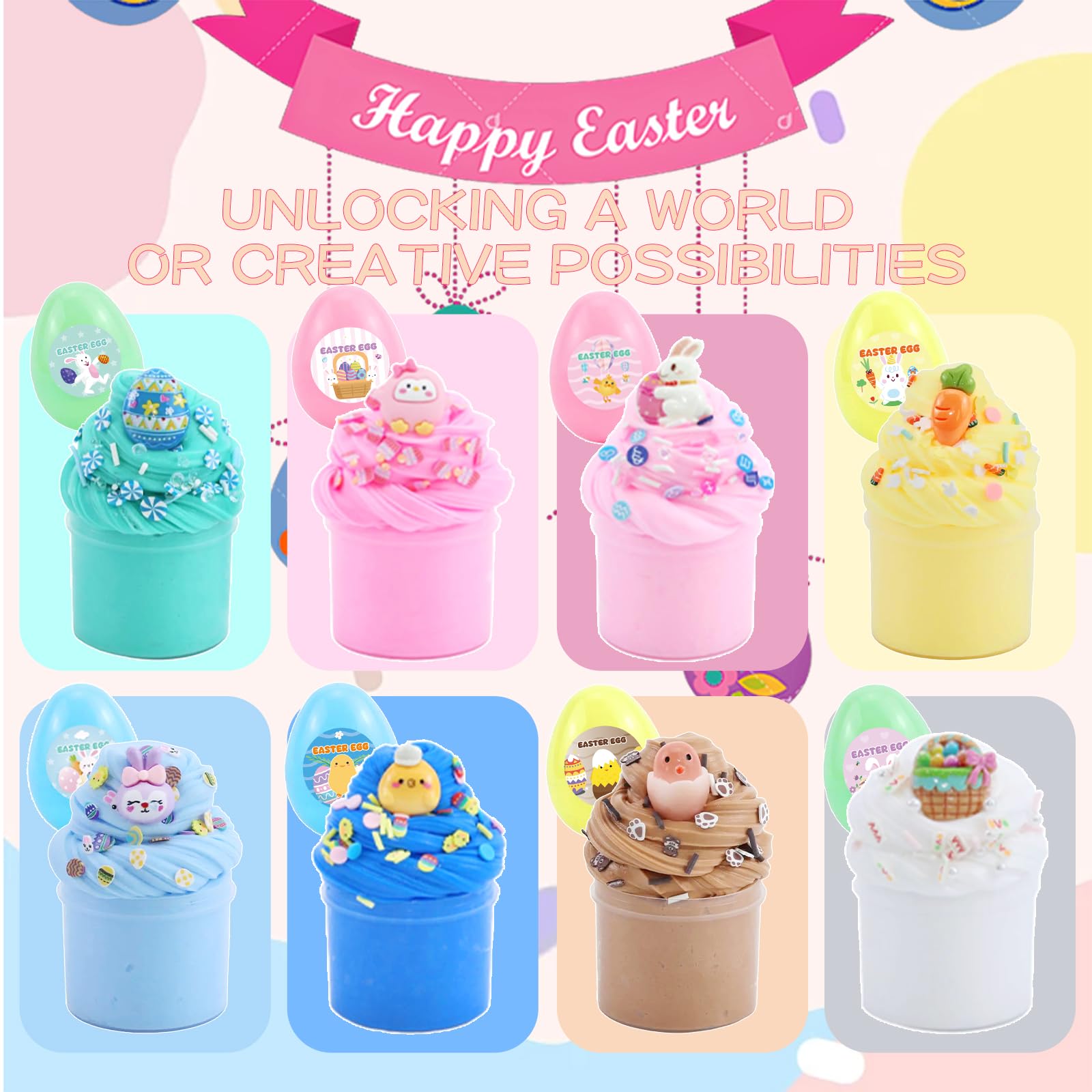 8Pack Butter Slime Kit for Kids – Easter Basket Stuffers with Prefilled Eggs, Stretchy Non-Sticky Sensory Play