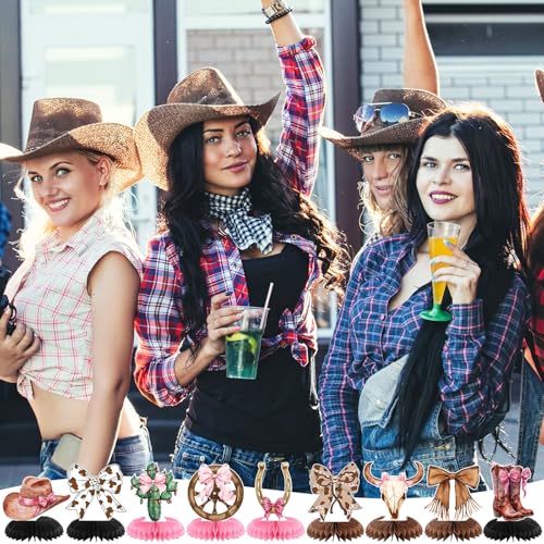 9 Cowgirl Honeycomb Centerpieces - Pink Western Party Decor for Table - Boots, Hats, Bows - Rodeo Birthday Bachelorette Baby Shower