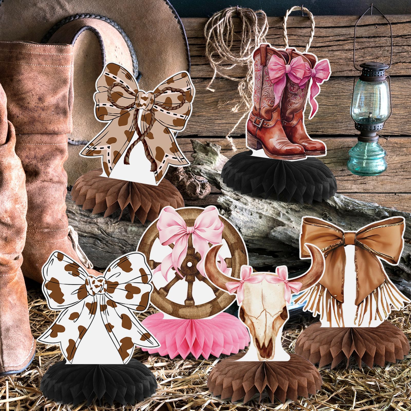 9 Cowgirl Honeycomb Centerpieces - Pink Western Party Decor for Table - Boots, Hats, Bows - Rodeo Birthday Bachelorette Baby Shower