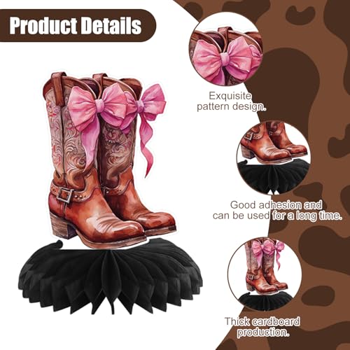 9 Cowgirl Honeycomb Centerpieces - Pink Western Party Decor for Table - Boots, Hats, Bows - Rodeo Birthday Bachelorette Baby Shower