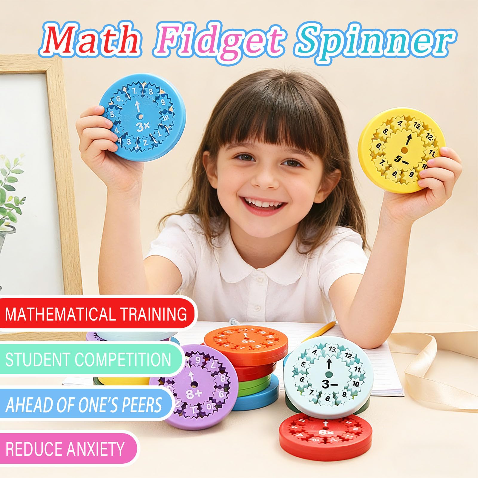 9-Pack Math Fidget Spinners for Multiplication & Division Practice | Sensory Learning Toys for Kids Ages 6-12