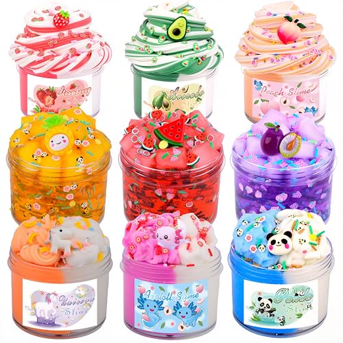 9 Pack Scented Slime Kit - Butter, Clear, Cloud Slime with Axolotl, Peach, Strawberry Add-Ins & Jelly Cube Crystal Putty - Party Favor Gift for Kids