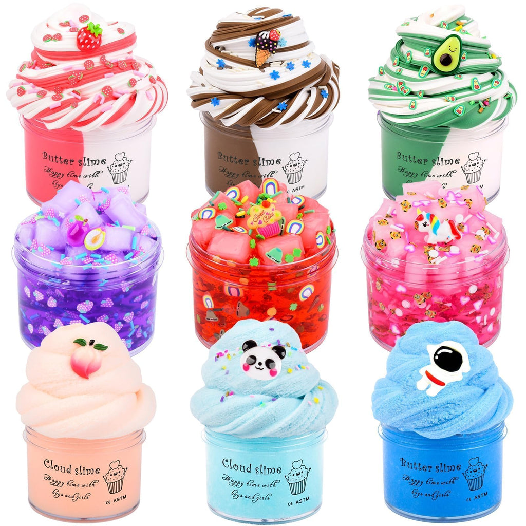 9 Pack Slime Kit – 3 Cloud, 3 Jelly Cube Crunchy, 3 Butter Slime – DIY Stress Relief Toy for Kids, Birthday Gifts
