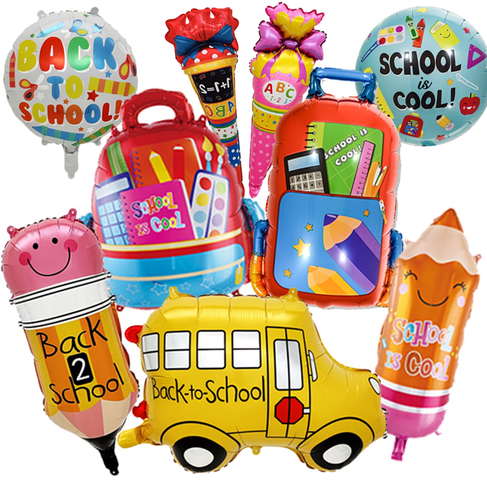 9-Piece Back to School Foil Balloon Set - Bus, Schoolbag, Pencil, Ice Cream Designs