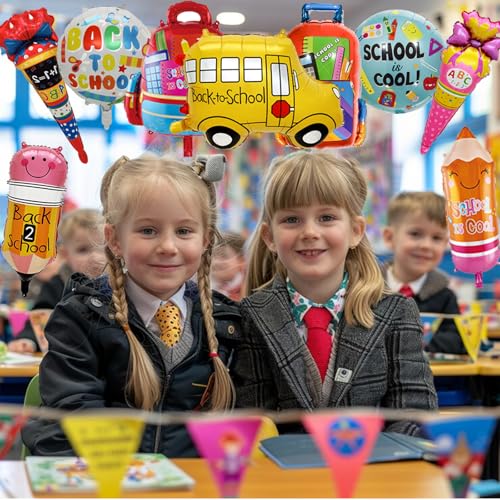 9-Piece Back to School Foil Balloon Set - Bus, Schoolbag, Pencil, Ice Cream Designs