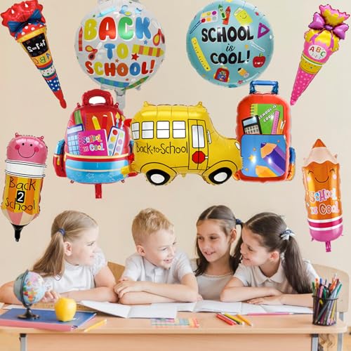 9-Piece Back to School Foil Balloon Set - Bus, Schoolbag, Pencil, Ice Cream Designs