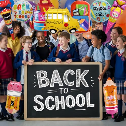 9-Piece Back to School Foil Balloon Set - Bus, Schoolbag, Pencil, Ice Cream Designs