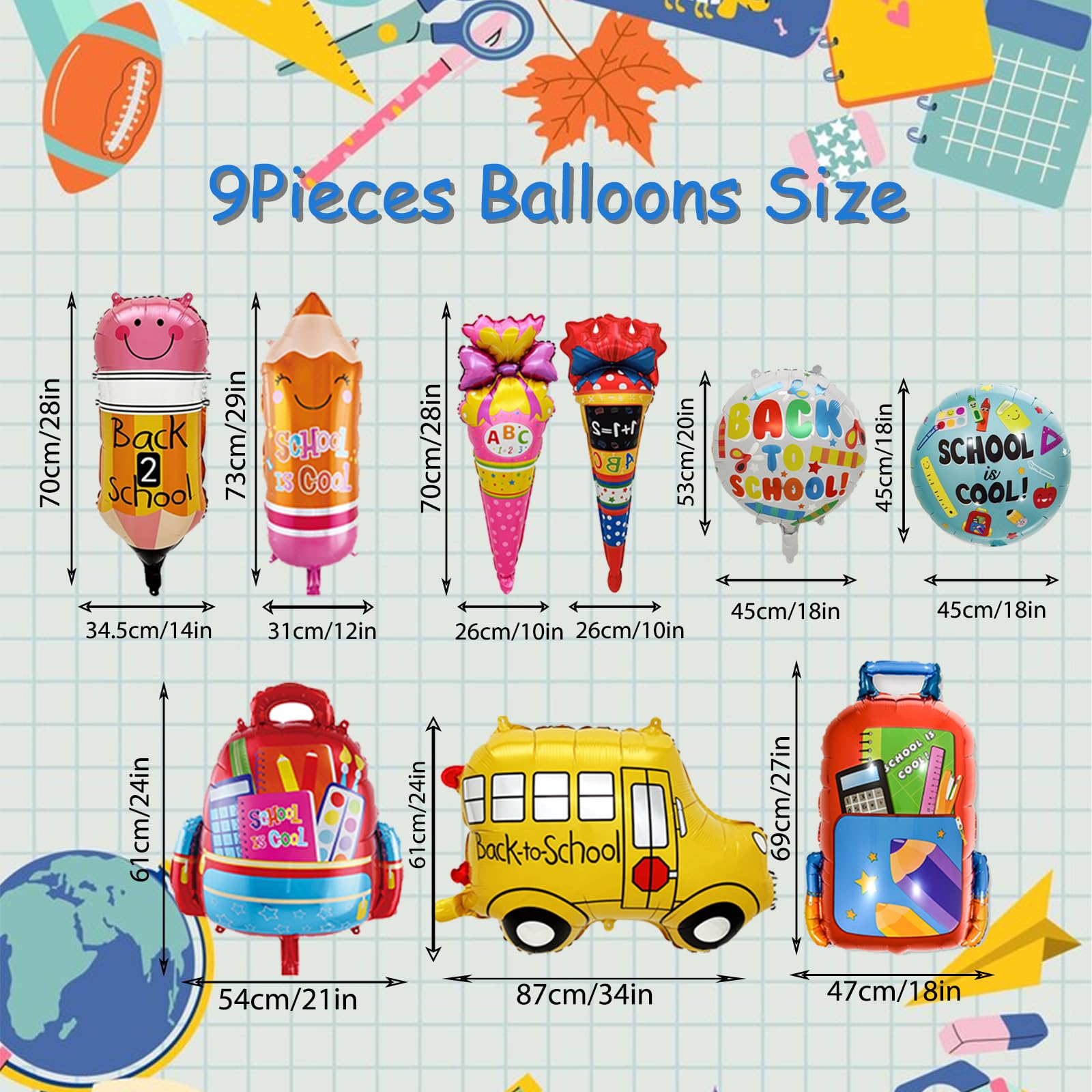 9-Piece Back to School Foil Balloon Set - Bus, Schoolbag, Pencil, Ice Cream Designs