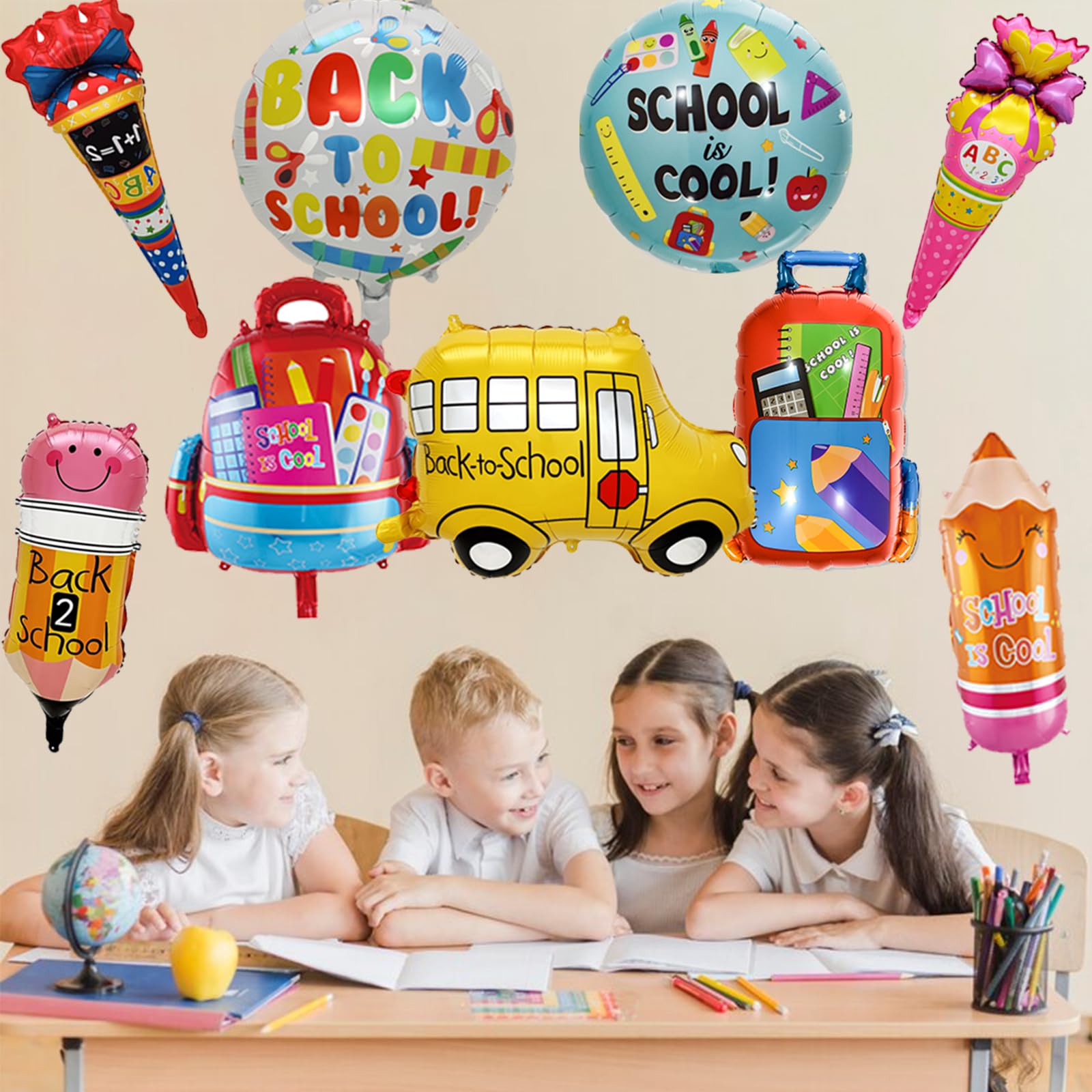 9-Piece Back to School Foil Balloon Set - Bus, Schoolbag, Pencil, Ice Cream Designs