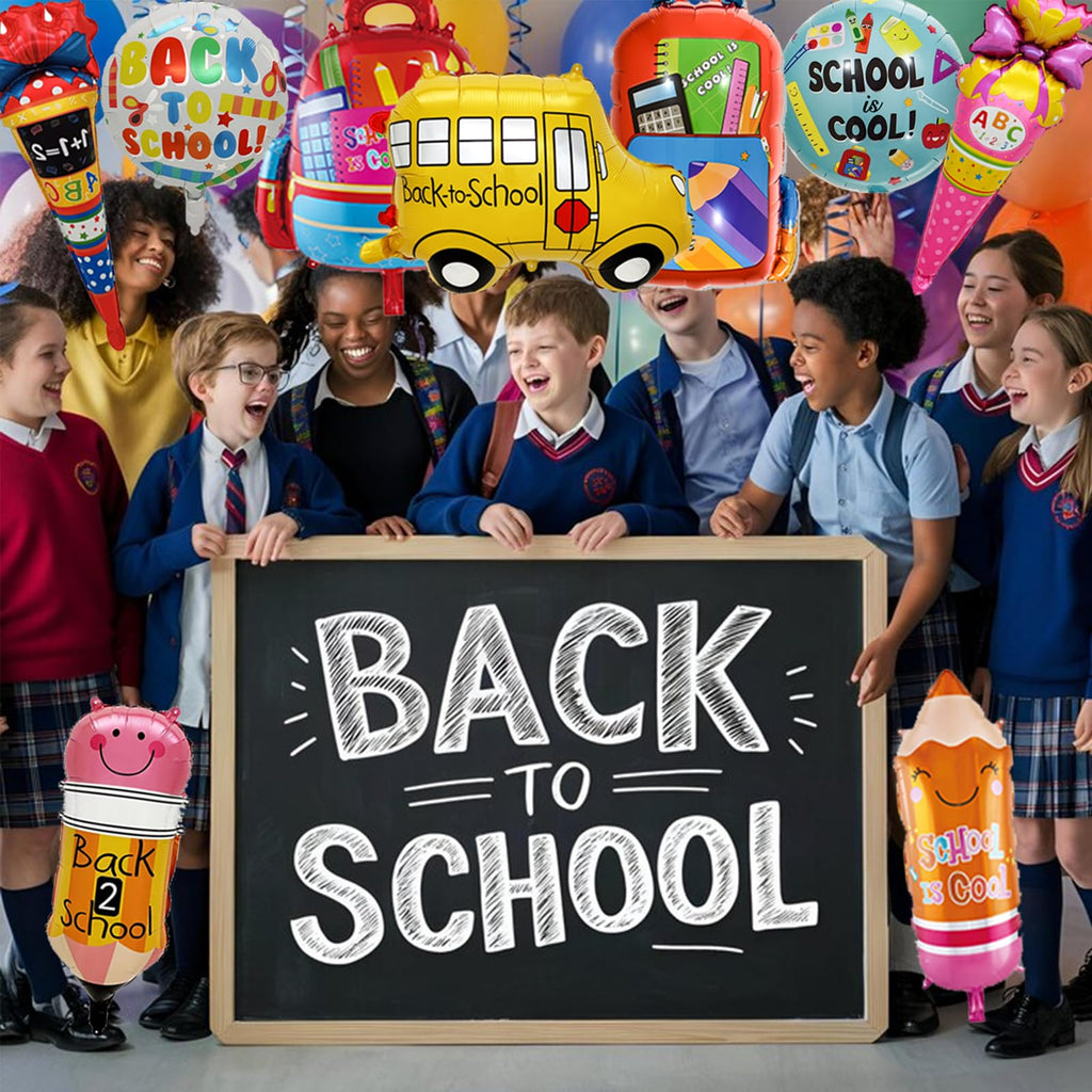 9-Piece Back to School Foil Balloon Set - Bus, Schoolbag, Pencil, Ice Cream Designs