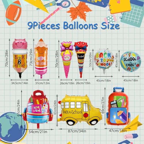 9-Piece Back to School Foil Balloon Set - Bus, Schoolbag, Pencil, Ice Cream Designs