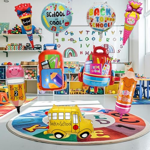 9-Piece Back to School Foil Balloon Set - Bus, Schoolbag, Pencil, Ice Cream Designs