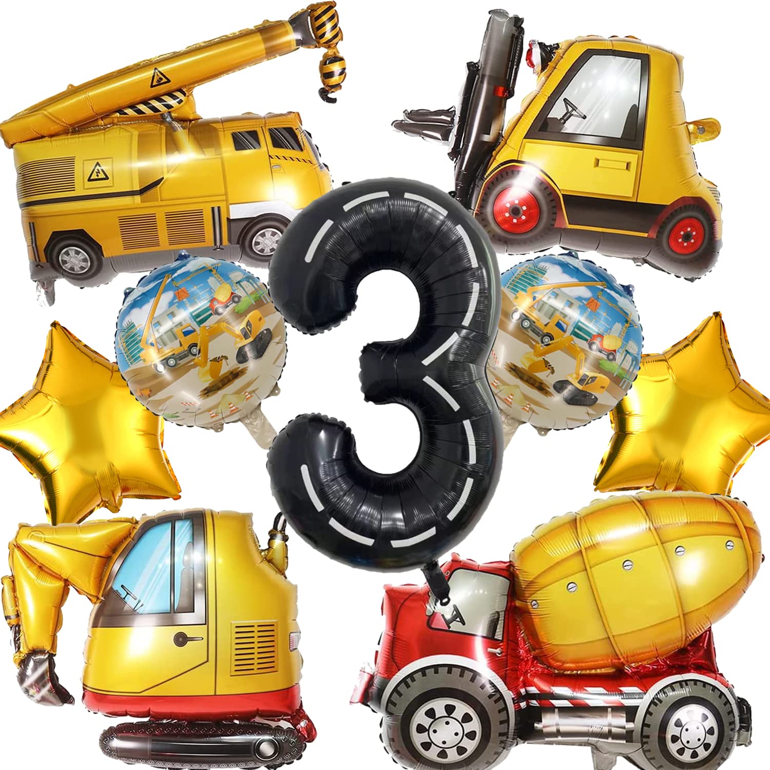 9-Piece DUNSEO Construction Truck Foil Balloons Set for Birthday Party Decorations