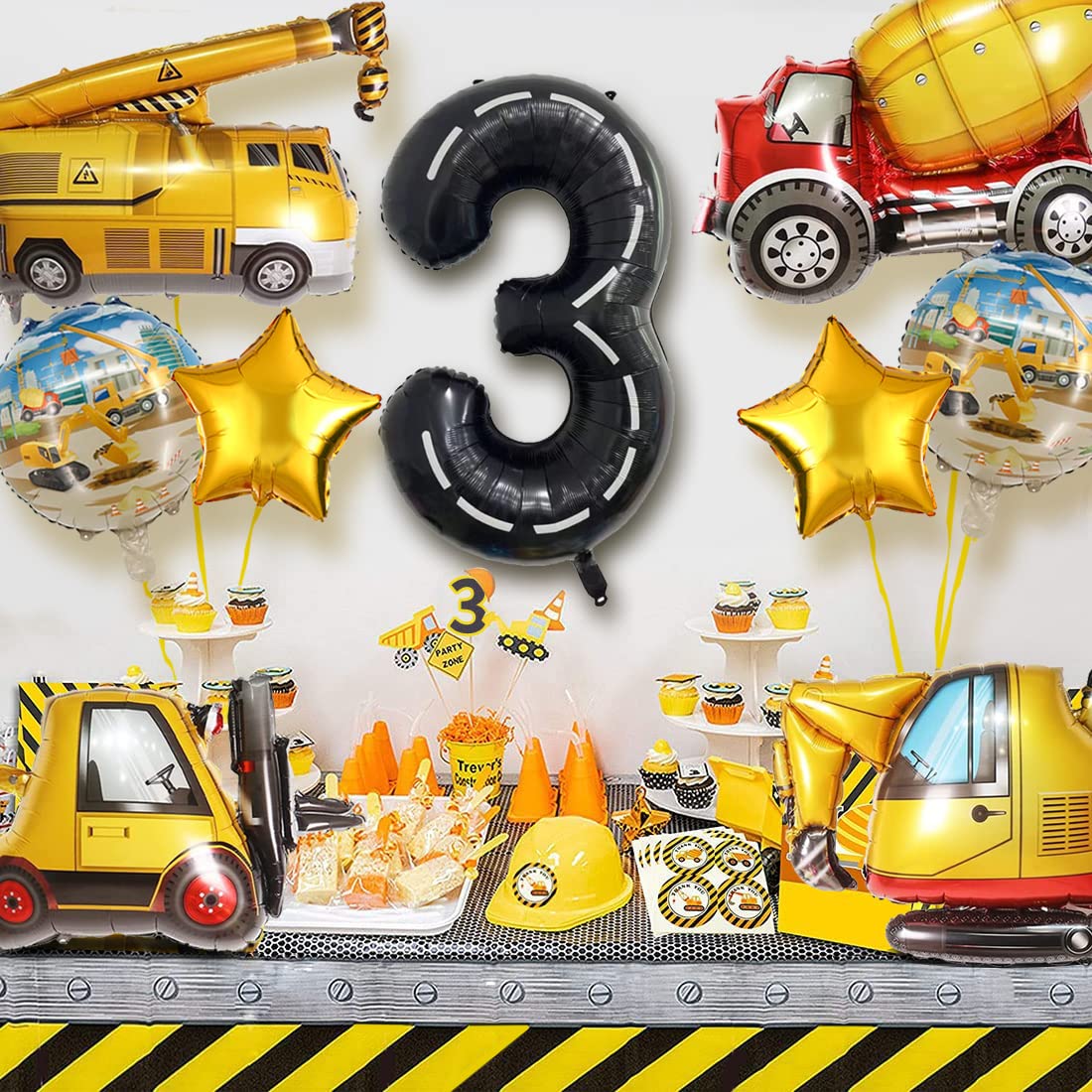 9-Piece DUNSEO Construction Truck Foil Balloons Set for Birthday Party Decorations