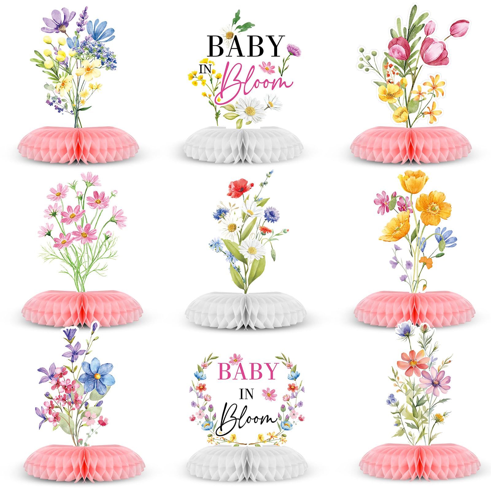 9-Piece Wildflower Baby Shower Centerpieces Set - Honeycomb Table Decorations by Weekgrat (19 cm Tall)
