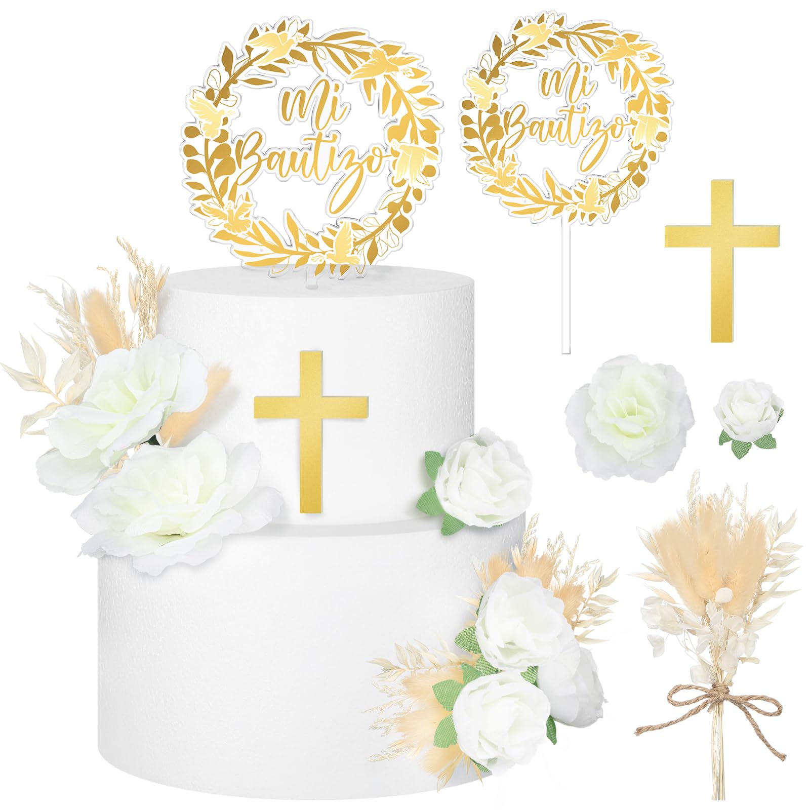 9 Pieces Baptism Cake Topper Set – Gold Cross, Acrylic & Dried Flowers for First Communion Decorations