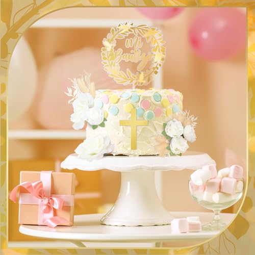9 Pieces Baptism Cake Topper Set – Gold Cross, Acrylic & Dried Flowers for First Communion Decorations