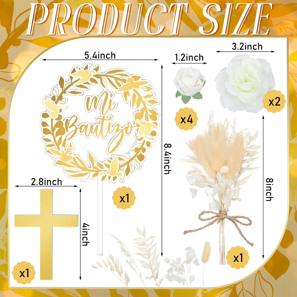 9 Pieces Baptism Cake Topper Set – Gold Cross, Acrylic & Dried Flowers for First Communion Decorations