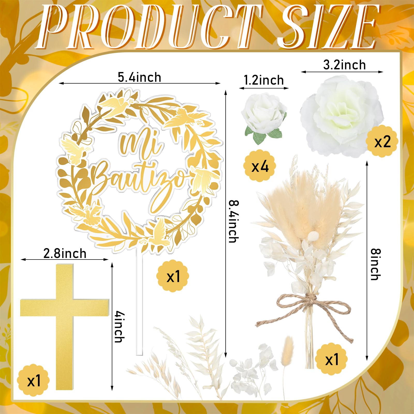 9 Pieces Baptism Cake Topper Set – Gold Cross, Acrylic & Dried Flowers for First Communion Decorations