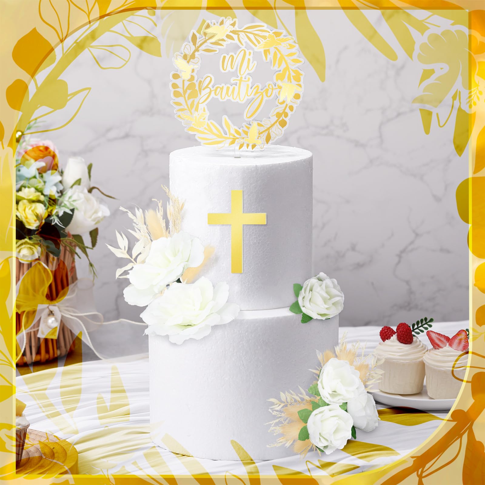 9 Pieces Baptism Cake Topper Set – Gold Cross, Acrylic & Dried Flowers for First Communion Decorations
