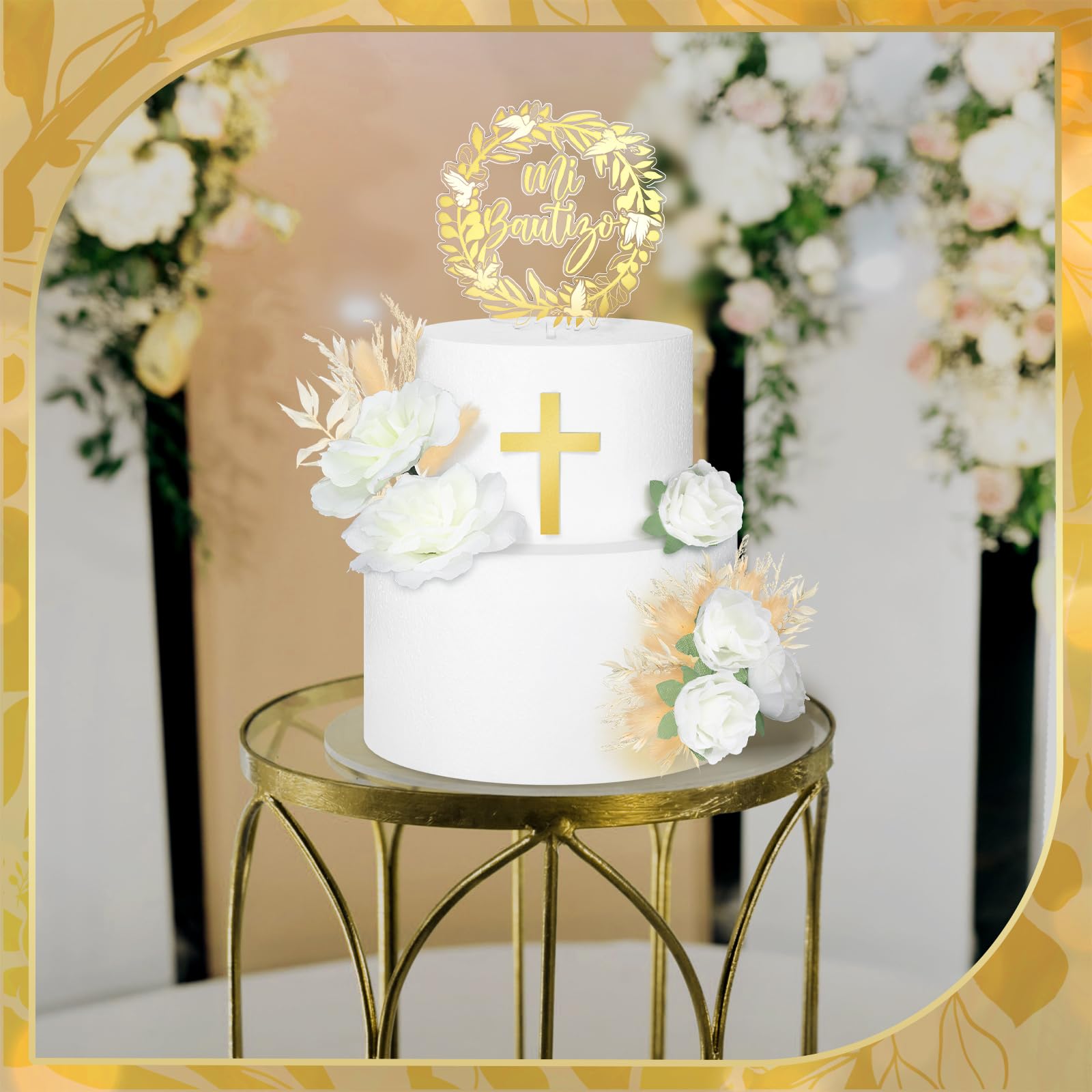9 Pieces Baptism Cake Topper Set – Gold Cross, Acrylic & Dried Flowers for First Communion Decorations