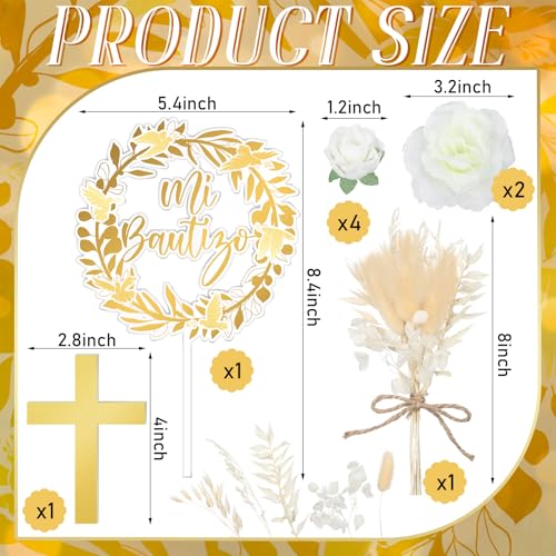 9 Pieces Baptism Cake Topper Set – Gold Cross, Acrylic & Dried Flowers for First Communion Decorations