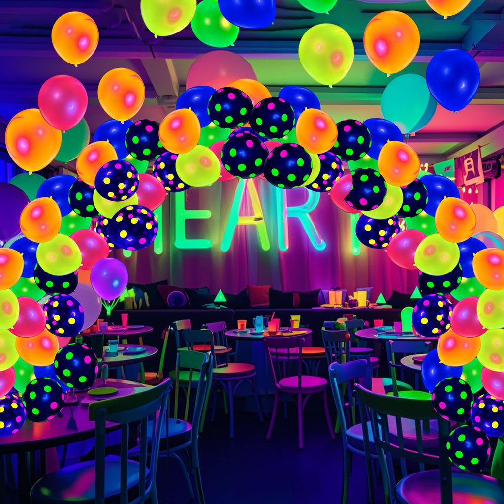 90 Neon Polka Dot Balloons – 12" UV Blacklight Reactive Glow in the Dark Latex Party Decorations