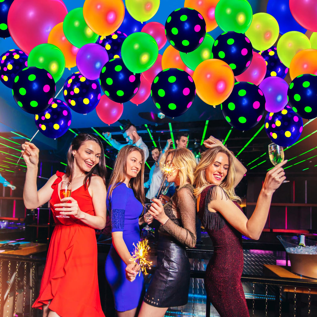 90 Neon Polka Dot Balloons – 12" UV Blacklight Reactive Glow in the Dark Latex Party Decorations