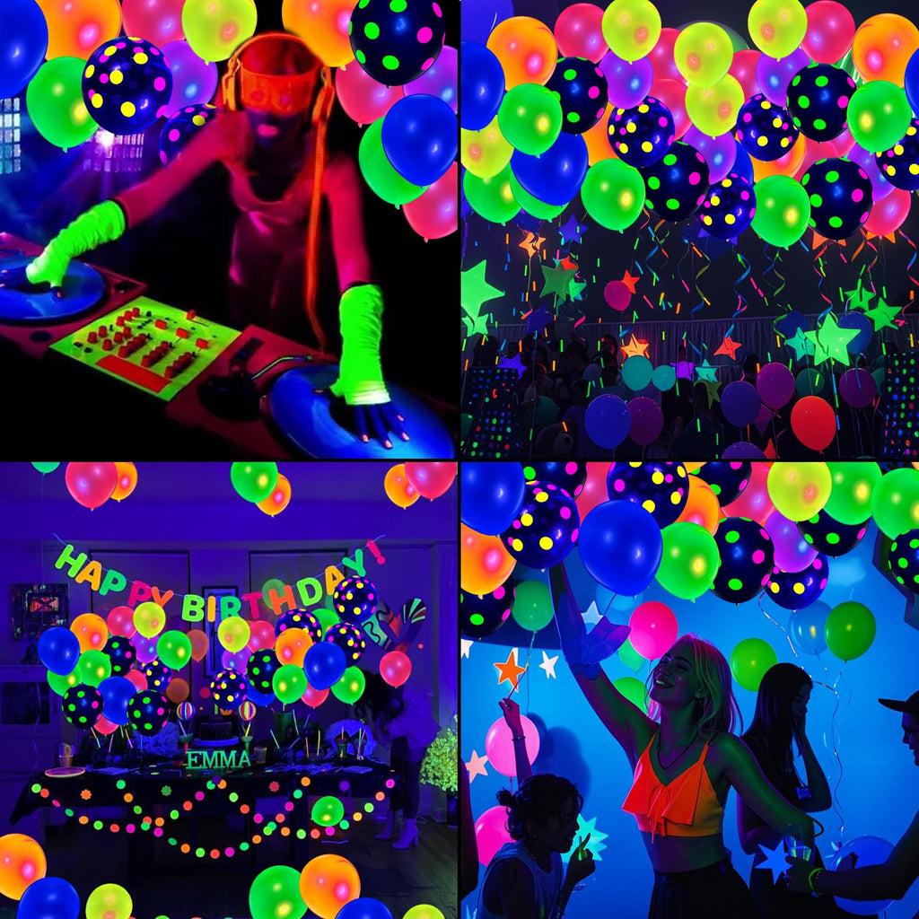 90 Neon Polka Dot Balloons – 12" UV Blacklight Reactive Glow in the Dark Latex Party Decorations