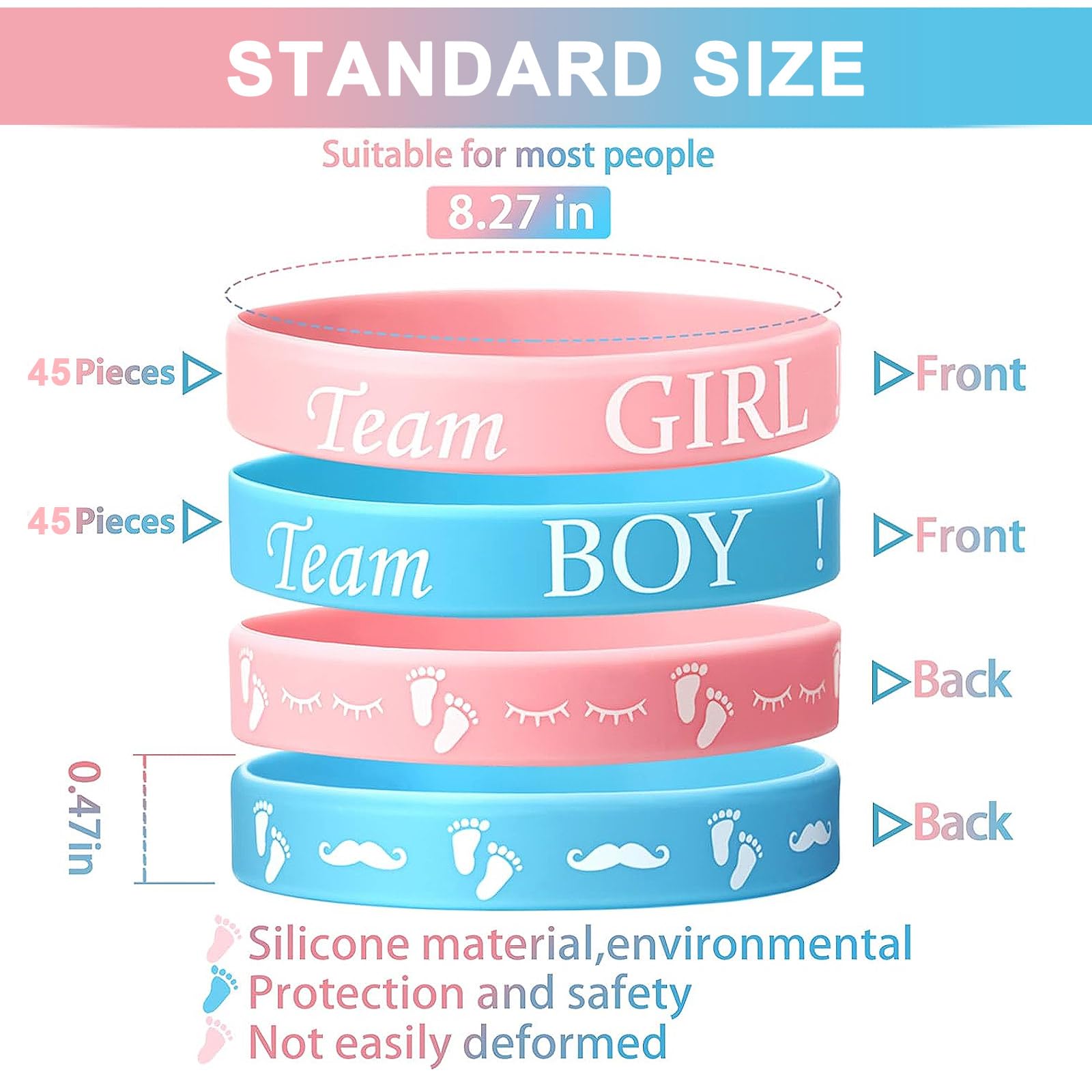 90-Piece Gender Reveal Bracelets Set – Team Boy and Team Girl Silicone Wristbands for Party Guests