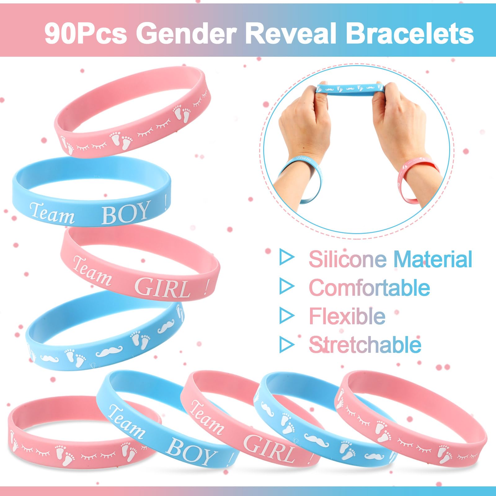 90-Piece Gender Reveal Bracelets Set – Team Boy and Team Girl Silicone Wristbands for Party Guests