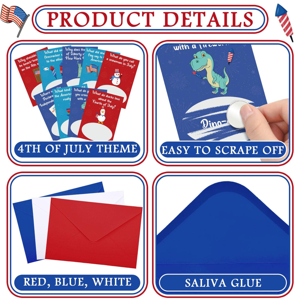 90-Piece Patriotic Joke Scratch-Off Cards with Envelopes, 4th of July 250th Anniversary Party Favor, 3x4 inch