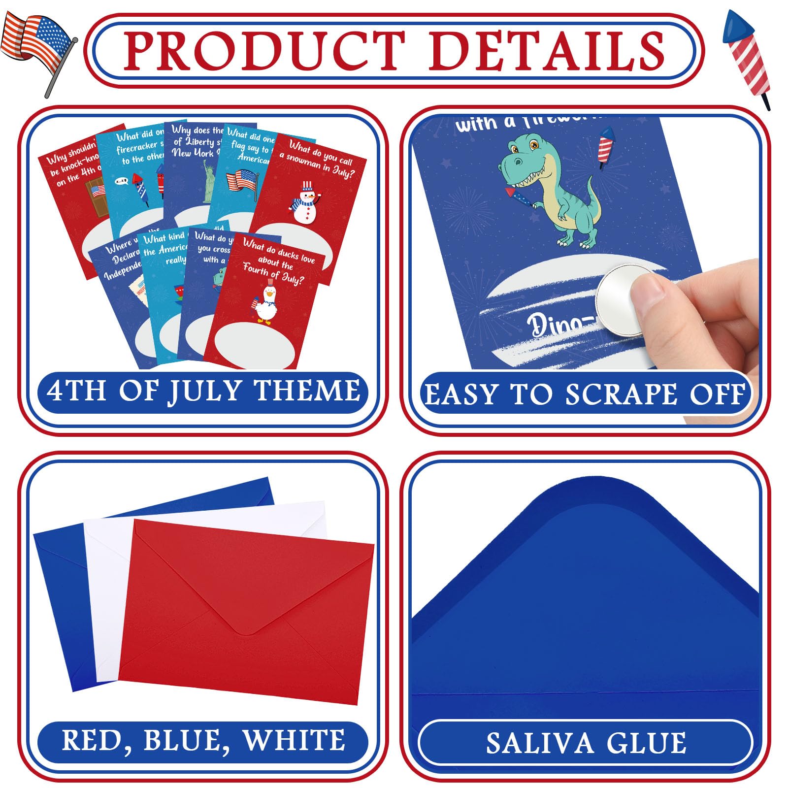 90-Piece Patriotic Joke Scratch-Off Cards with Envelopes, 4th of July 250th Anniversary Party Favor, 3x4 inch