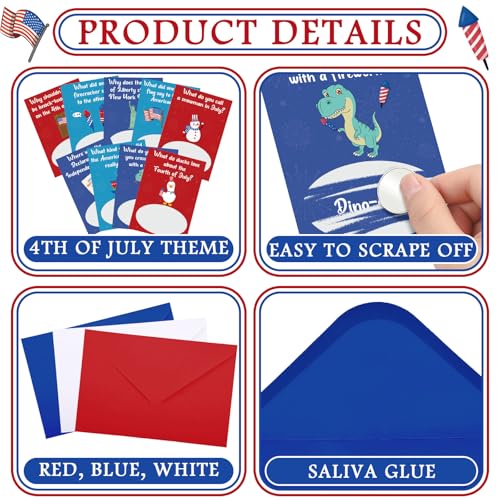 90-Piece Patriotic Joke Scratch-Off Cards with Envelopes, 4th of July 250th Anniversary Party Favor, 3x4 inch