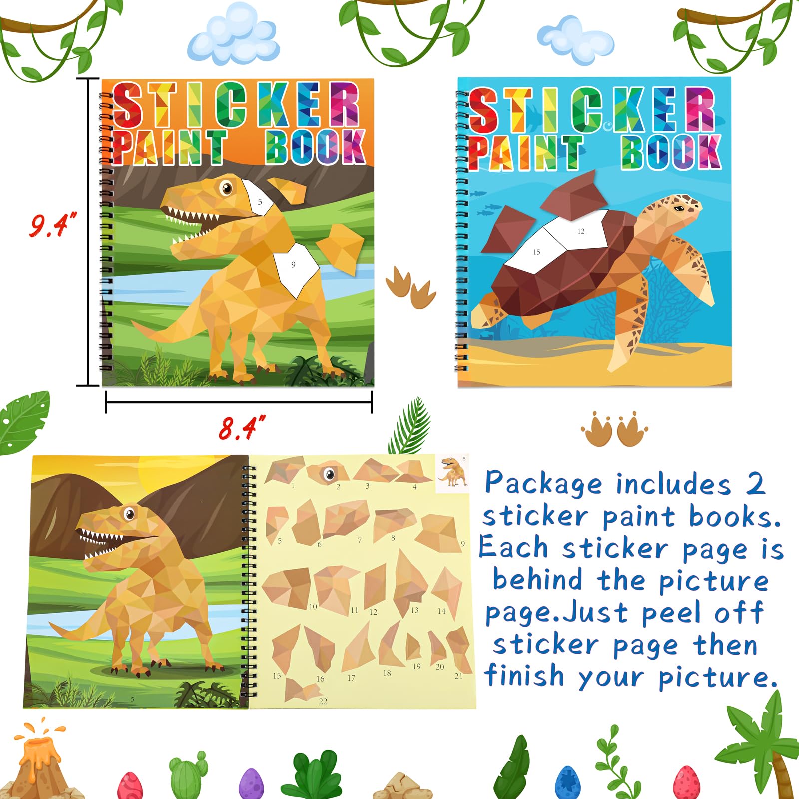 90shine Dinosaur & Underwater Sticker Books - 2 Pack with 22 Scenes for Kids Ages 4-8