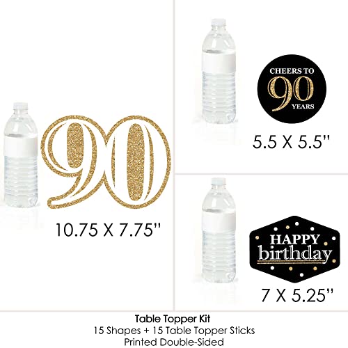 90th Birthday Centerpiece Sticks Set of 15 – Gold Table Toppers with No-Mess Glitter Print