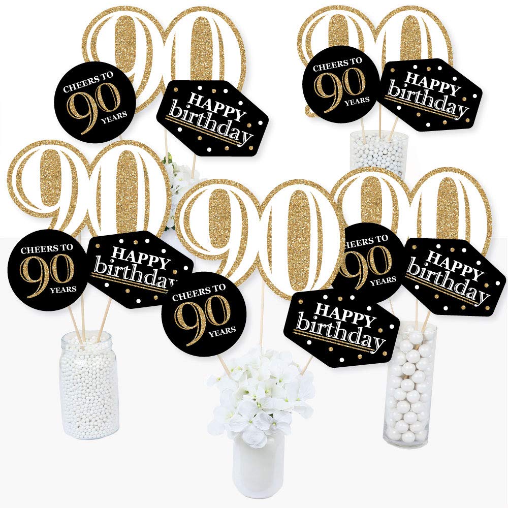 90th Birthday Centerpiece Sticks Set of 15 – Gold Table Toppers with No-Mess Glitter Print