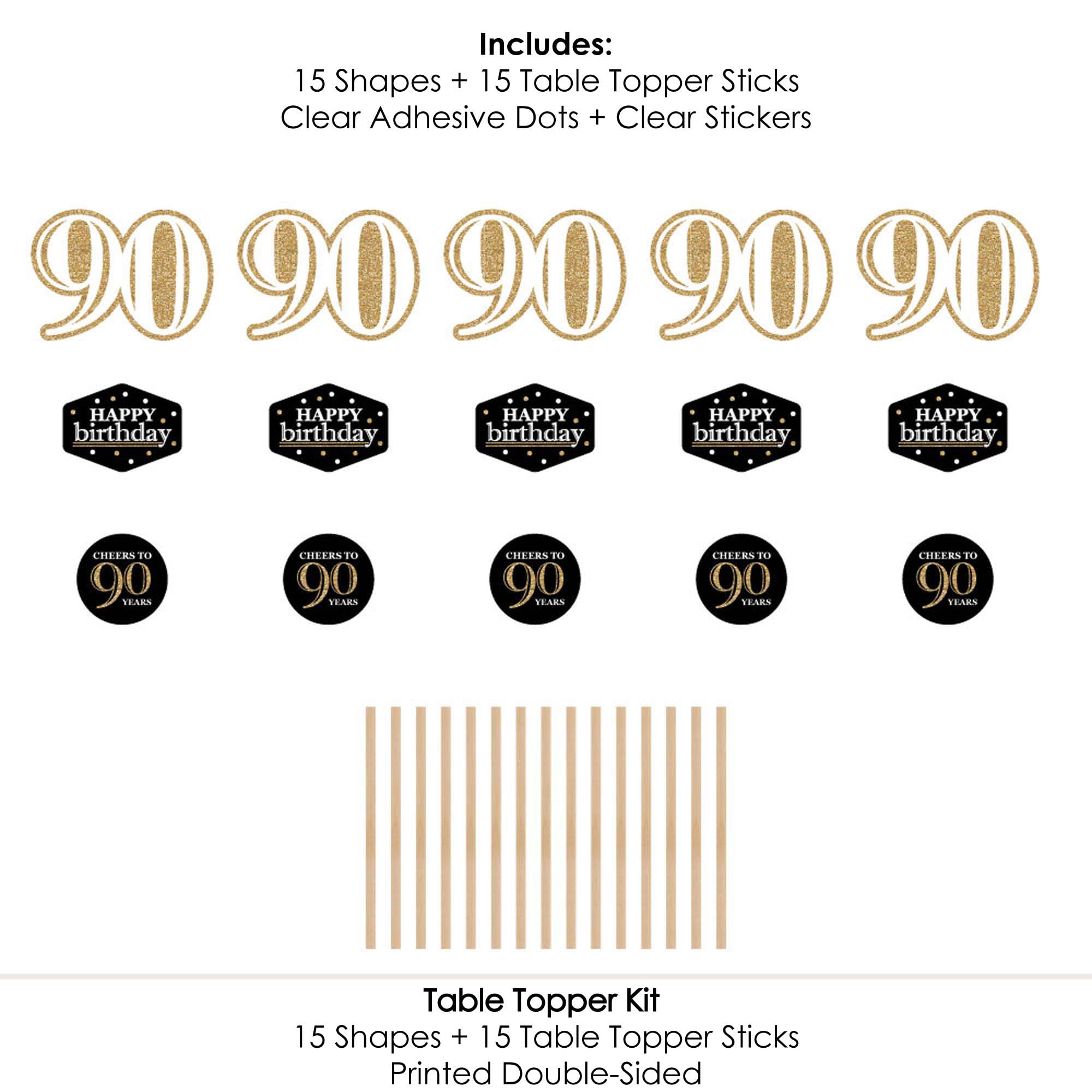 90th Birthday Centerpiece Sticks Set of 15 – Gold Table Toppers with No-Mess Glitter Print