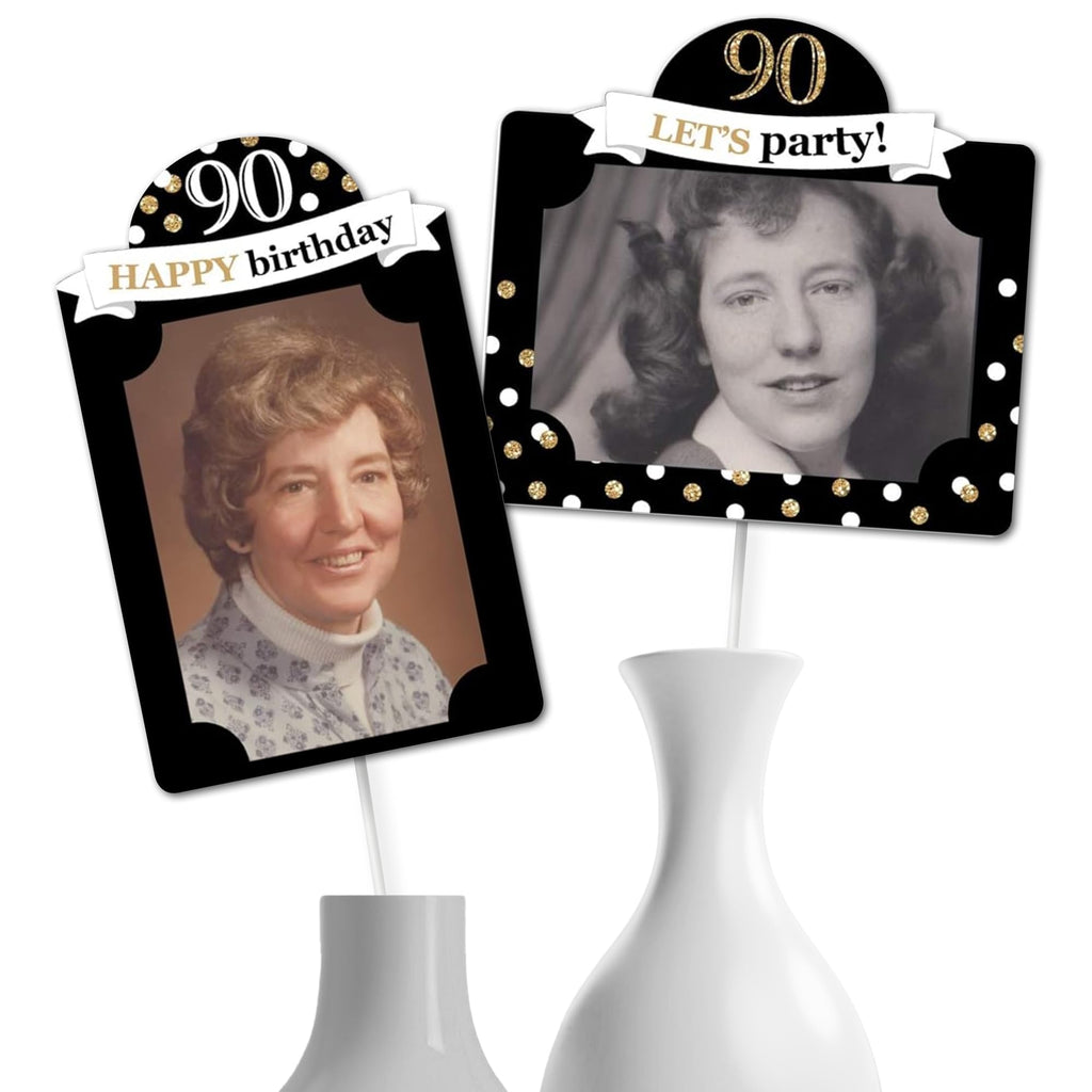 90th Birthday Photo Centerpiece Kit – 15 Double-Sided 4x6 Photo Holders with Sticks, Gold Party Decoration