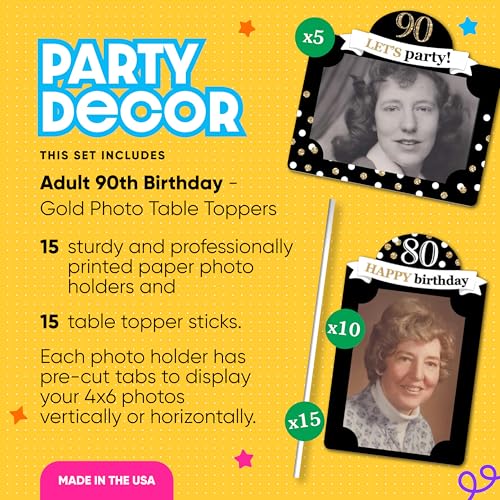 90th Birthday Photo Centerpiece Kit – 15 Double-Sided 4x6 Photo Holders with Sticks, Gold Party Decoration