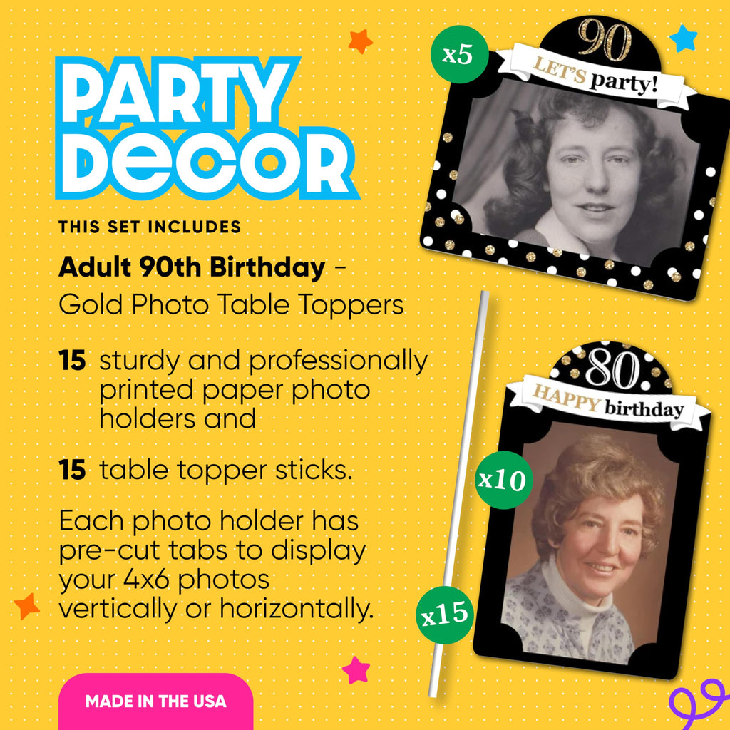 90th Birthday Photo Centerpiece Kit – 15 Double-Sided 4x6 Photo Holders with Sticks, Gold Party Decoration