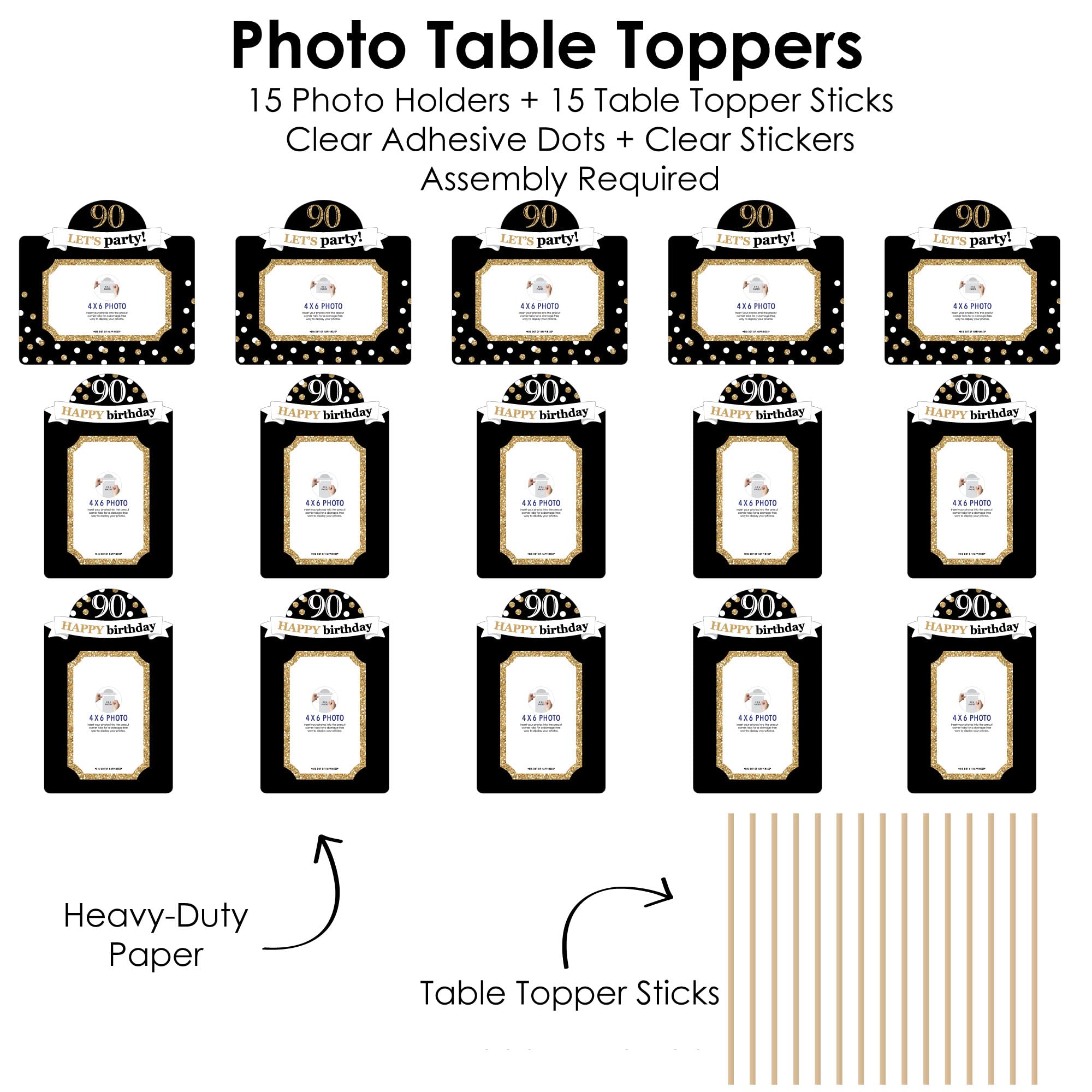 90th Birthday Photo Centerpiece Kit – 15 Double-Sided 4x6 Photo Holders with Sticks, Gold Party Decoration