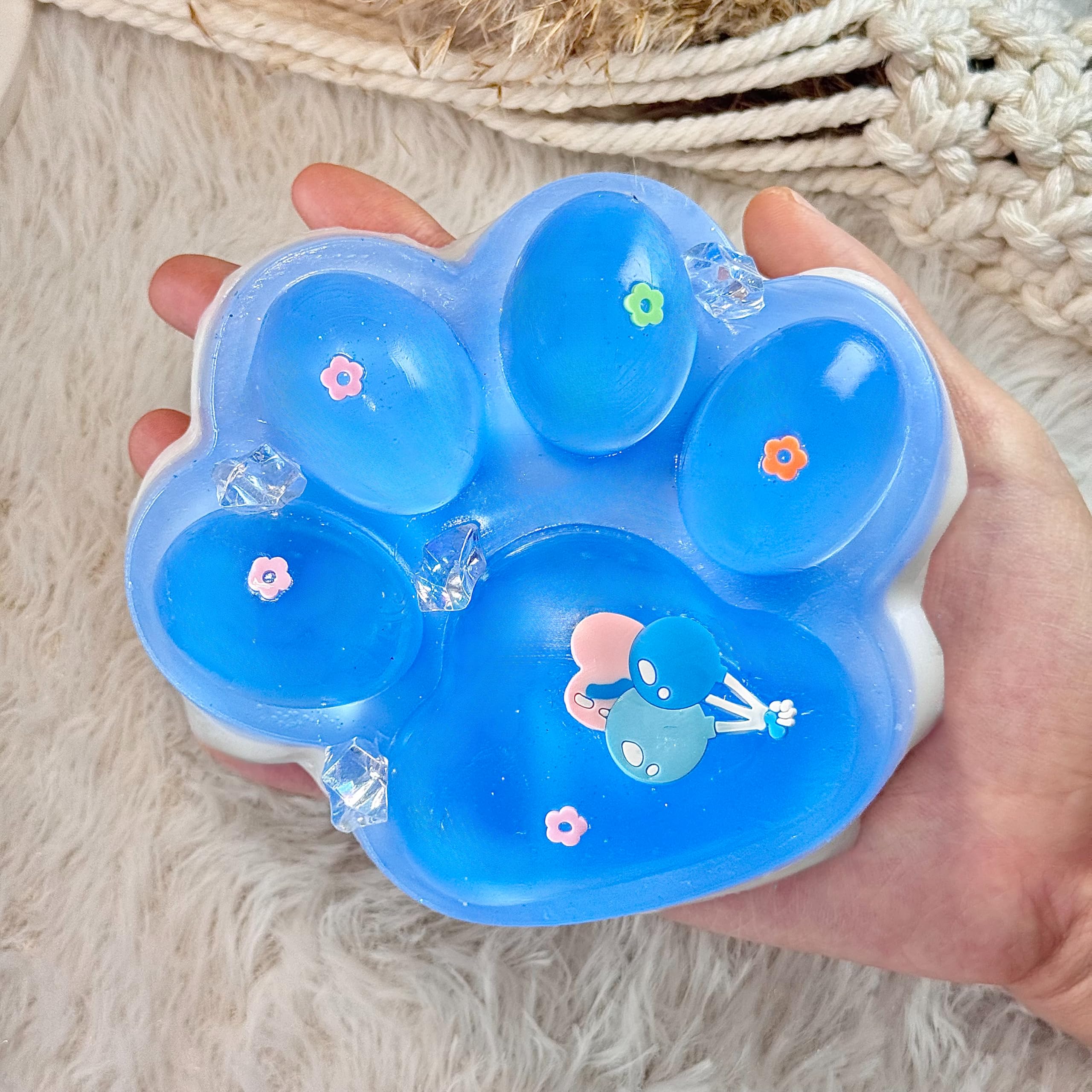 Pawfect Tail Big Taba Squishy Cat Paw – 5” Glittering Blue & White Stress Relief Squeeze Toy, Sticky Fidget Gift